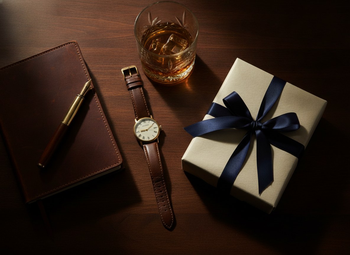 Regalos 40 cumpleaños: composición refinada de objetos premium para hombre y mujer adulta