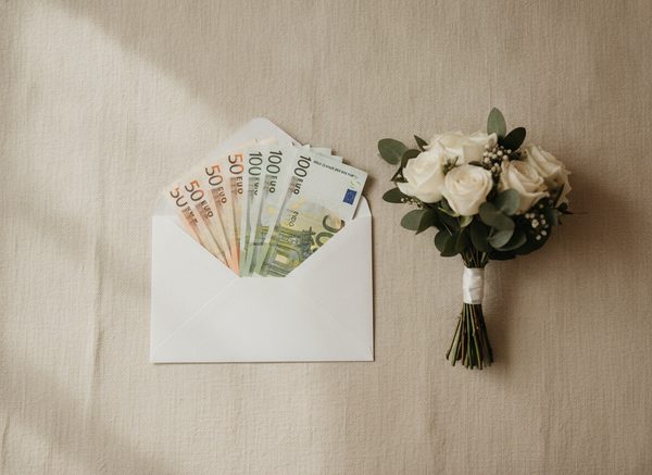 Sobre blanco con billetes de euro y ramo de rosas blancas con eucalipto sobre lino