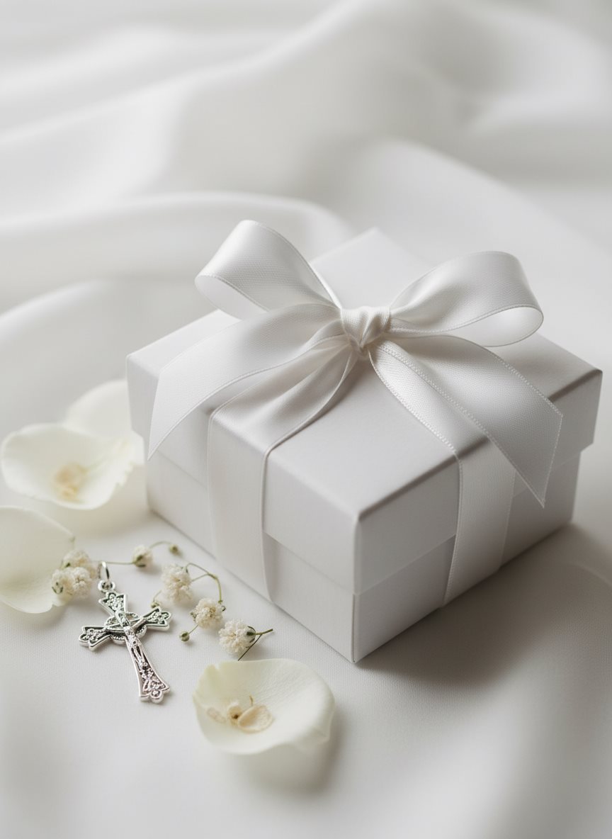 Caja de regalo blanca con lazo de raso para comunión