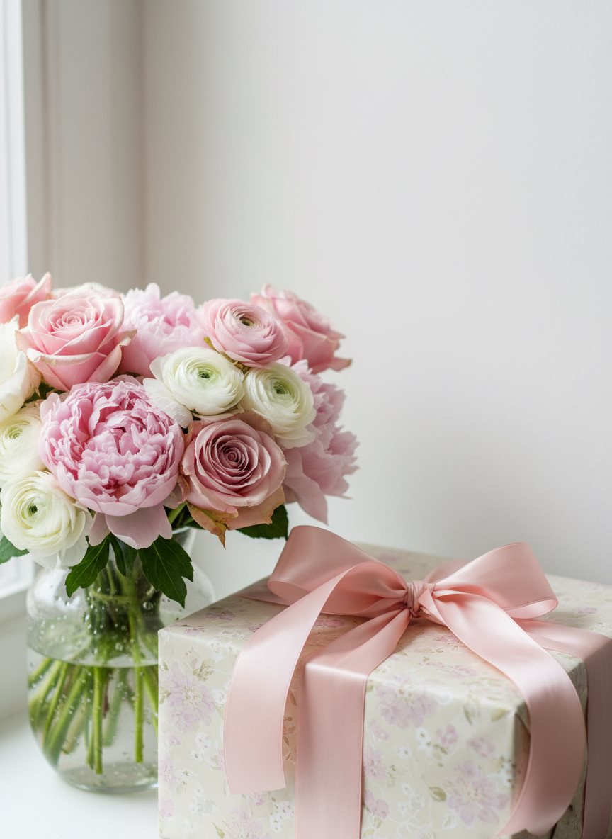 Ramo de flores y regalo del día de la madre