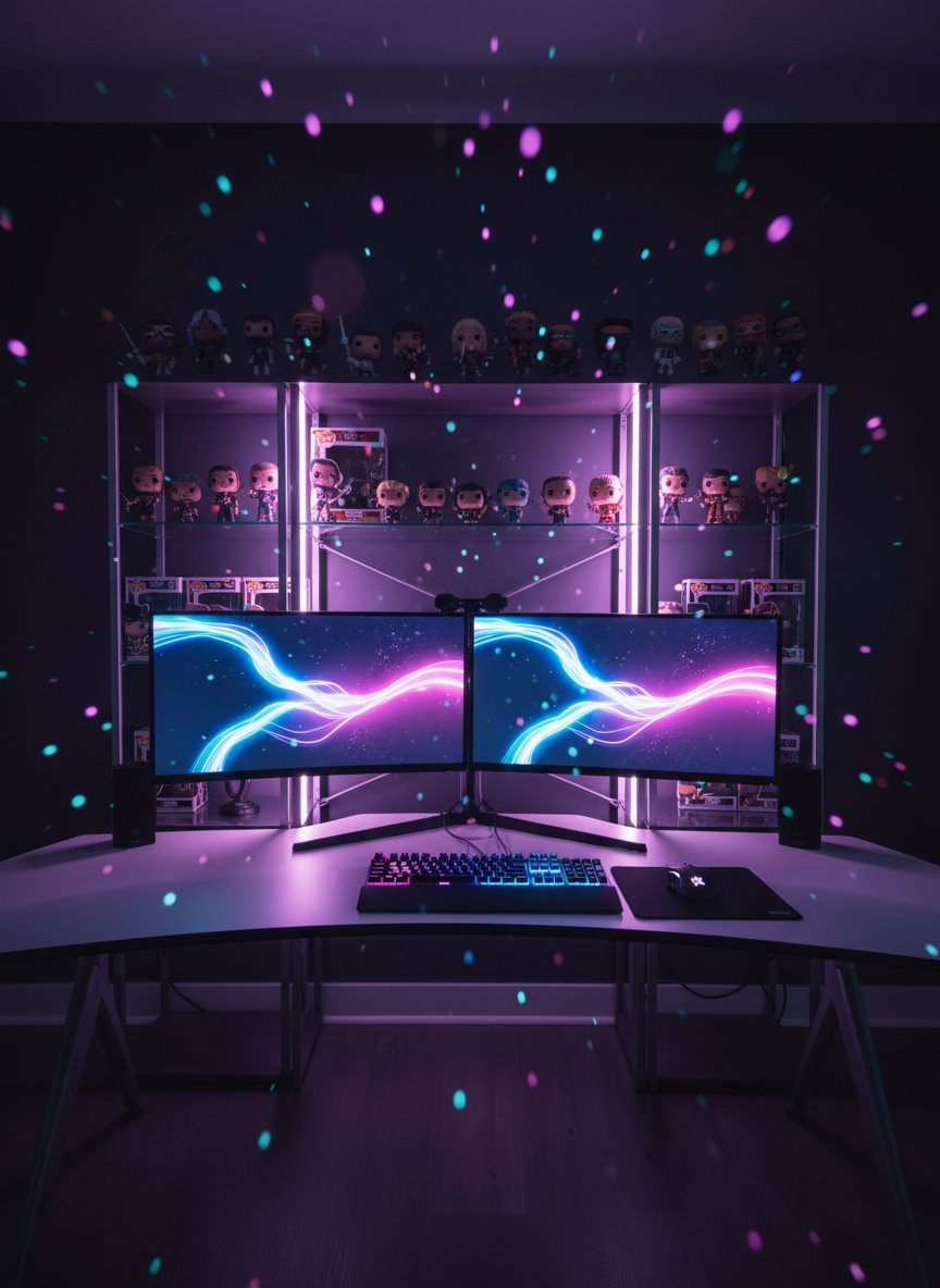Setup de gaming con luces RGB violeta y rosa