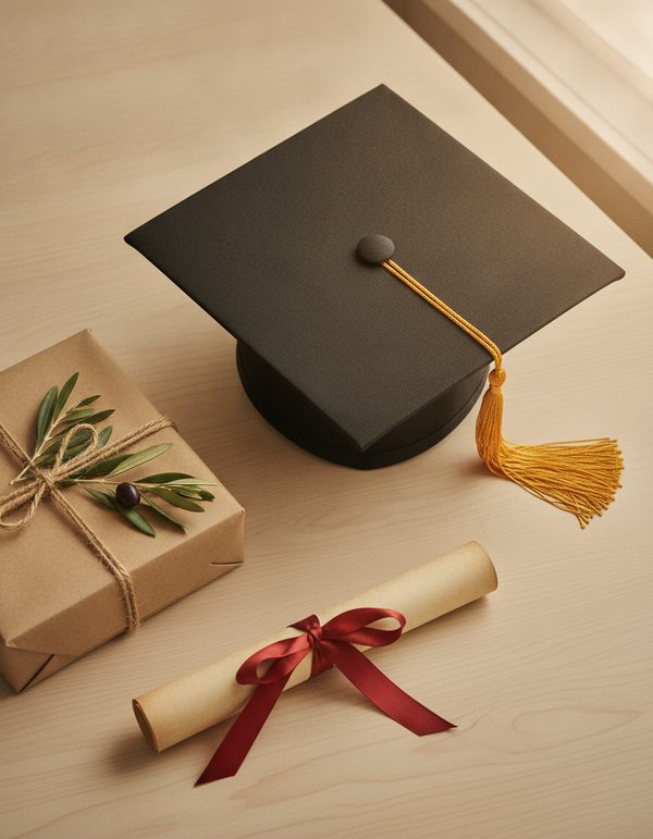 Birrete negro con borla dorada, caja regalo en papel kraft y diploma con cinta roja
