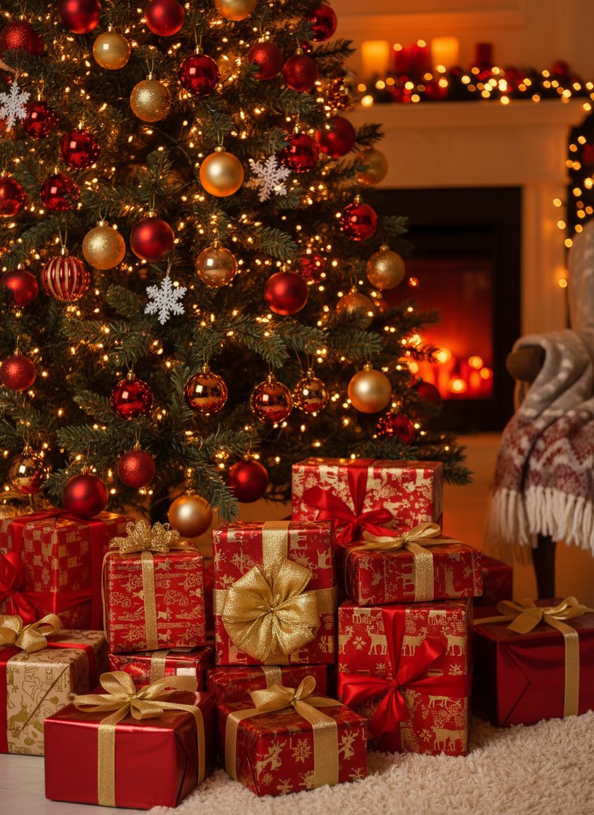 Regalos de Navidad envueltos bajo el árbol con chimenea