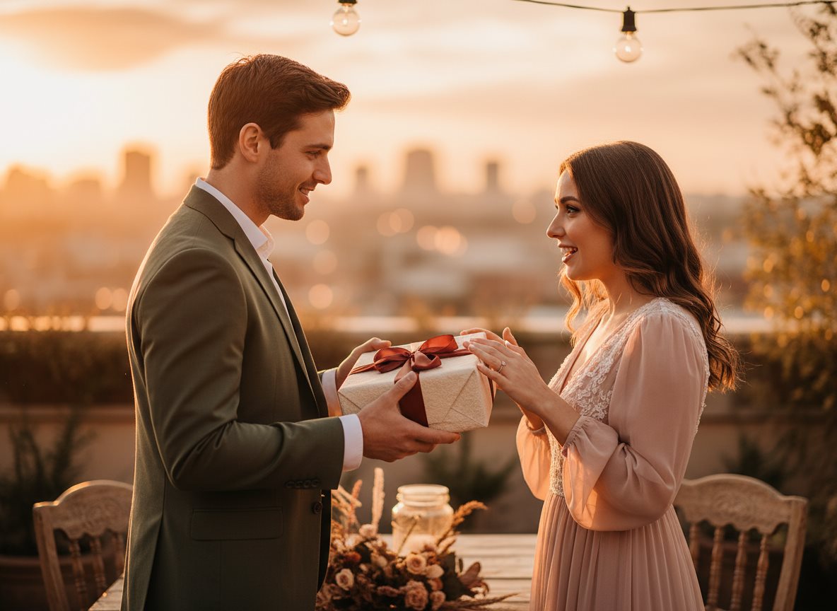 Pareja intercambiando un regalo envuelto