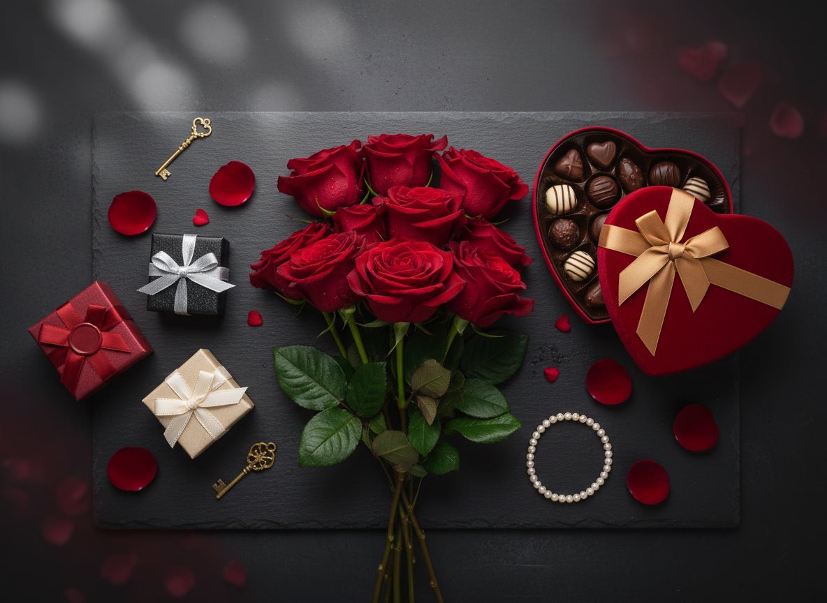 Flores, chocolate y regalo del día de San Valentín