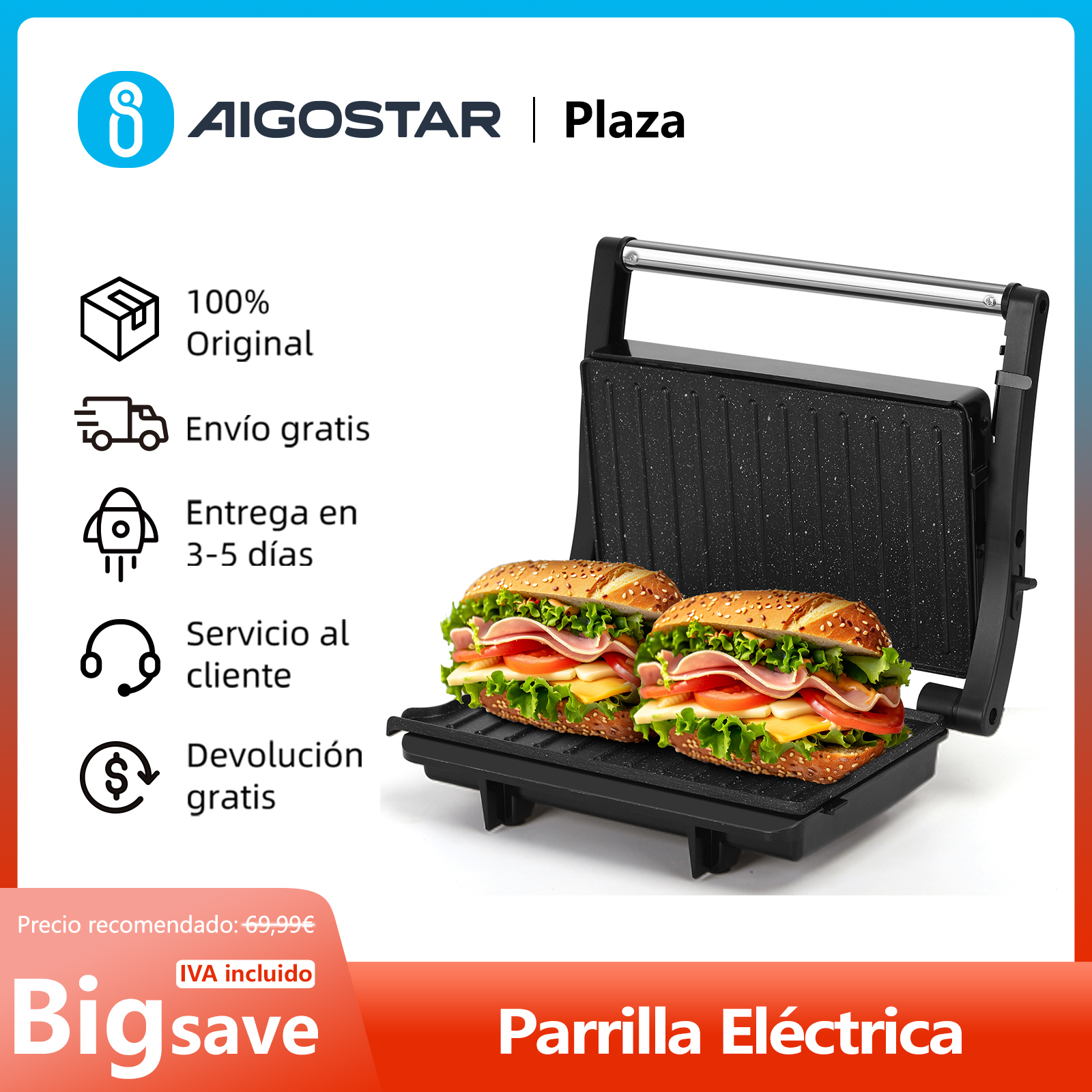 Sandwichera Eléctrica Grill Panini Apertura 180°